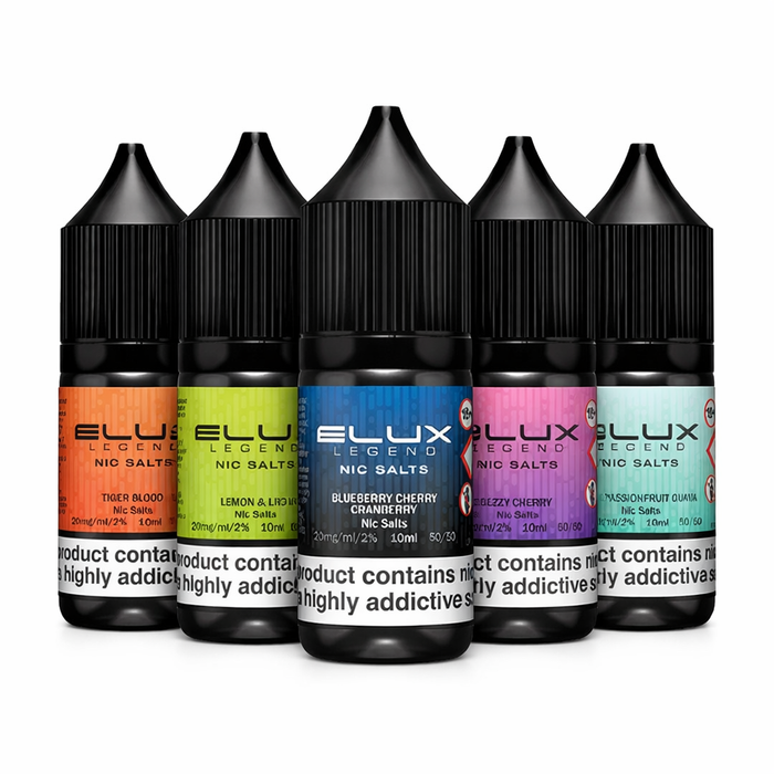 Elux Legend Nic Salt Vape Juice 10ml range showing multiple flavours, available in 10mg and 20mg strengths